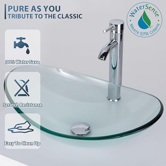eclife 84" Modern Bathroom Vanity Sink Combo Freestanding Cabinet with Small Side Cabinet, Clear Boat Glass Vessel Sink, Water Save Faucet, Drain (White+A29TT)