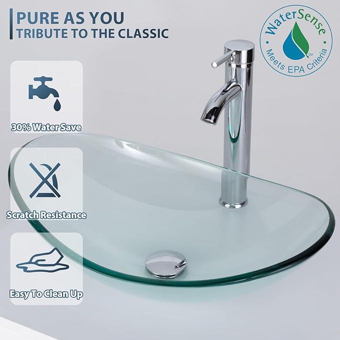 eclife 48" Modern Bathroom Vanity Sink Combo Freestanding Cabinet with Small Side Cabinet, Clear Boat Glass Vessel Sink, Water Save Faucet, Drain (Black+A29TT)