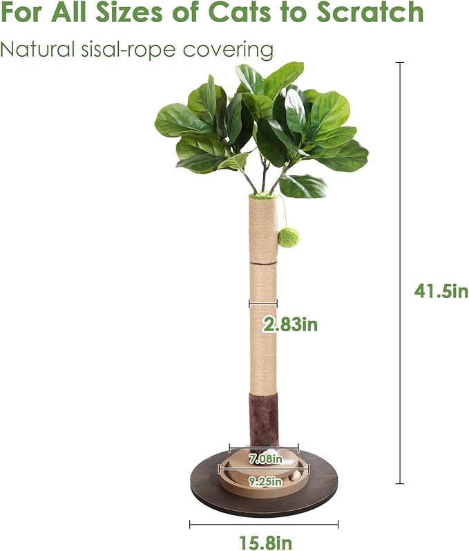 Cat Scratching Post, 35 Inch Tall Cat Scratcher Cat Tree Tower with Hanging Ball for Indoor Cats Adults,Fiddle Leaf Fig Sisal Rope Kitten Scratch with Interactive Mouse Cat Toy