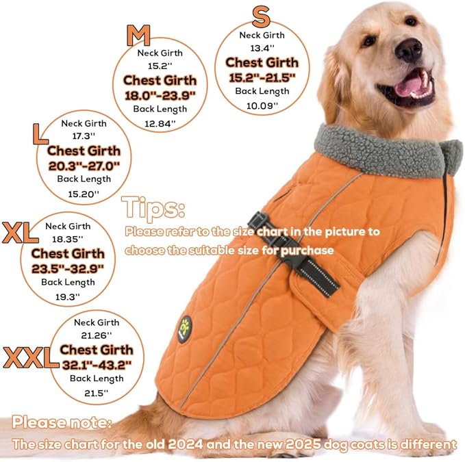 Dog Cold Weather Coats, Fleece Lining Small/Medium/Large Dog Jackets for Winter, Adjustable Pet Winter Clothes for X-Large Dogs, Water Resistant Pet Apparel with Buckle, Orange XL