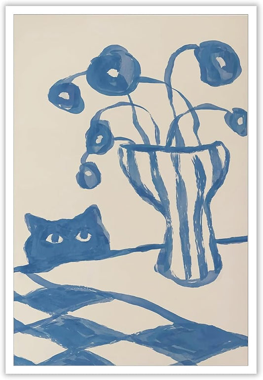 Funny Sneaky Cat Poster Scandi Animal Sketch Canvas Wall Art Blue Modern Abstract Flower Vase Aesthetic Prints Painting For Living Room Kitchen Dining Room Wall Decor 24x36in Unframed