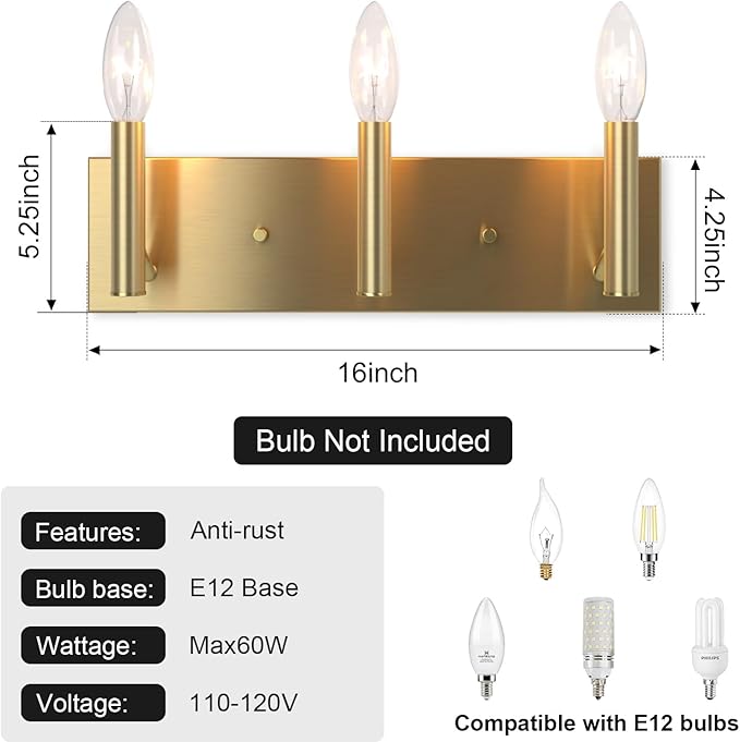 Kalium Bathroom Light Vanity Fixtures Over Mirror, 3-Lights Modern Brushed Gold Wall Sconces, Minimalist Wall Lights for Livingroom Bedroom Entryway Hallway Staircase, E12 Base(Bulbs Not Included)