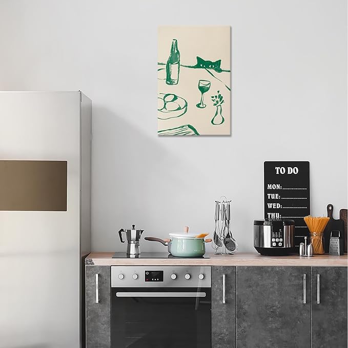 Sneaky Cat Wine Wall Art Funny Kitchen Animal Poster Whimsical Pet Wall Decor Abstract Scandi Dinner Sketch Prints Painting For Living Room Dining Room Wall Decor 24x36in Wrapped Canvas
