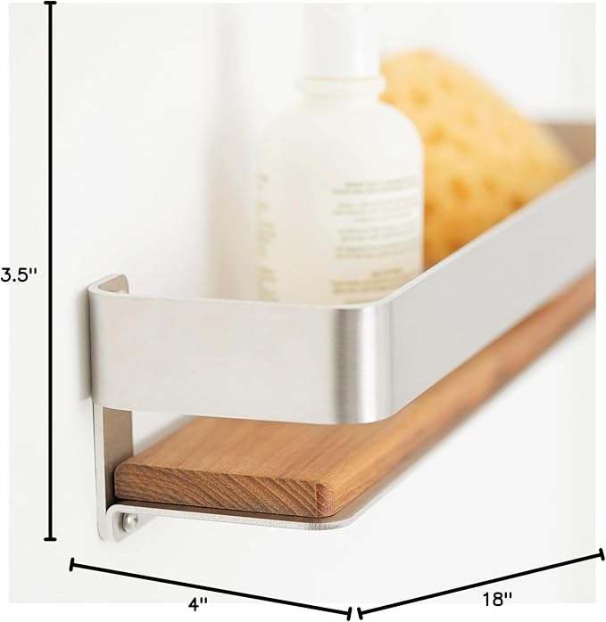 Seachrome Rectangular Shower Shelf with Rail in a Matte Black Finish and Natural Teak Wood Insert