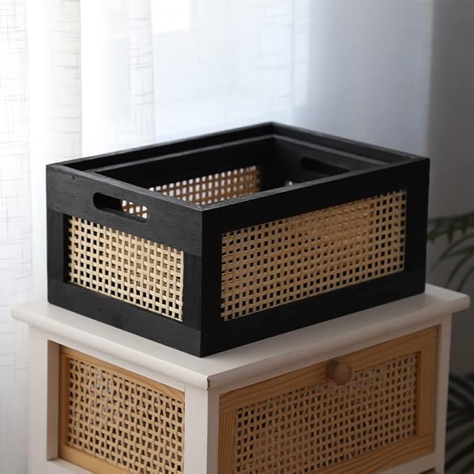 Wood Baskets, Rattan Storage Baskets for Organizing, Black, Set of 2