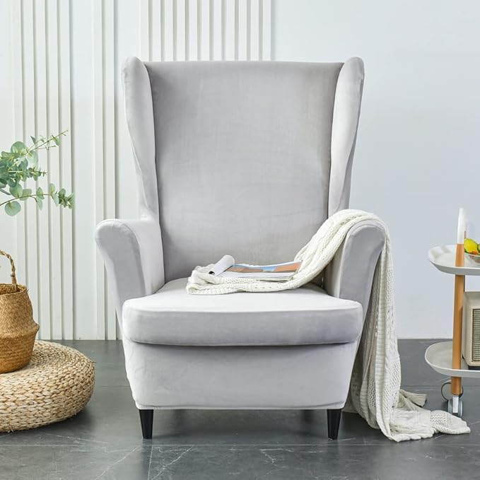 OBCREAT Wingback Chair Covers,2 Piece Stretch Velvet Wingback Chair Slipcover Soft Wing Chair Sofa Covers with Elastic Bottom,Armchair Couch Cover Furniture Protector for Living Room (Light Grey)