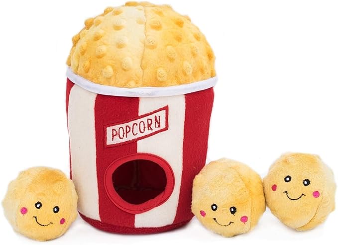 ZippyPaws Burrow- Interactive Dog & Puppy Toys for Boredom, Stimulating Pet Products to Keep Them Busy, Hide & Seek Plush Puzzles, Squeaky Toy for Enrichment, for Small & Medium Dogs- Popcorn Bucket