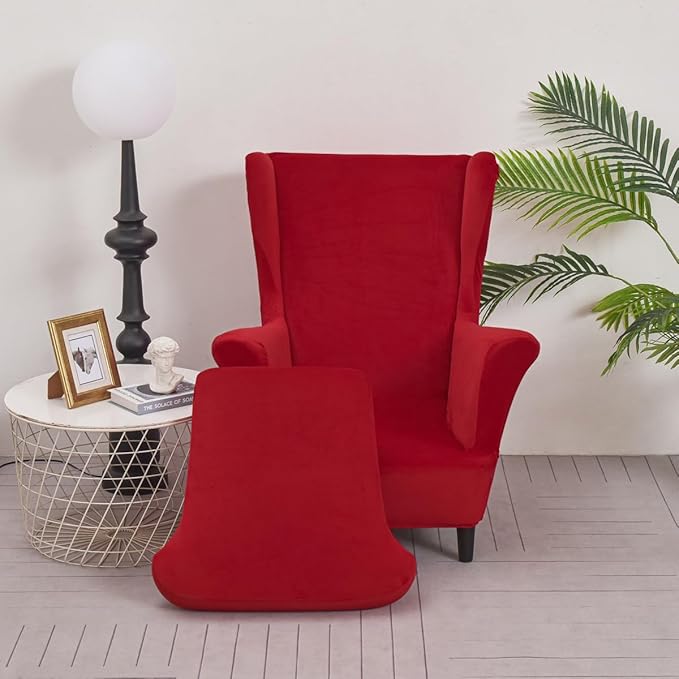 OBCREAT Wingback Chair Covers 2 Piece Stretch Velvet Wingback Chair Slipcover Soft Wing Chair Sofa Covers with Elastic Bottom,Armchair Couch Cover Furniture Protector for Living Room (Red)
