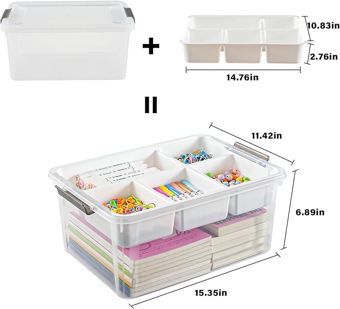 17 QT Plastic Storage Box with Removable Tray Art Supply Craft Organizers and Storage Stackable Storage Container for Organizing Bead, Tool, Sewing, Book, Crayon, Playdoh(Clear)