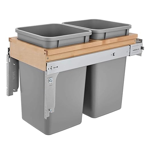 Rev-A-Shelf Top Mount Double Pullout Under Cabinet 27 Quart Kitchen Trash Cans w/ Soft Close, 150 Pound Rated Full-Extension Slides, 4WCTM-15BBSCDM2