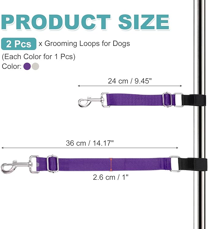 Dog Grooming Loop, Dog Grooming Harness Table Arm Accessories Adjustable Secure and Stable Extender Bathing Restraint Leashes (Gray/Purple, 2 Pcs), for Pet Bathing