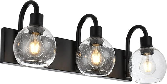 3-Lights Vanity Lights Globe Glass Rustic Bathroom Light Fixtures for Over Mirror Kitchen with Seeded Lampshades