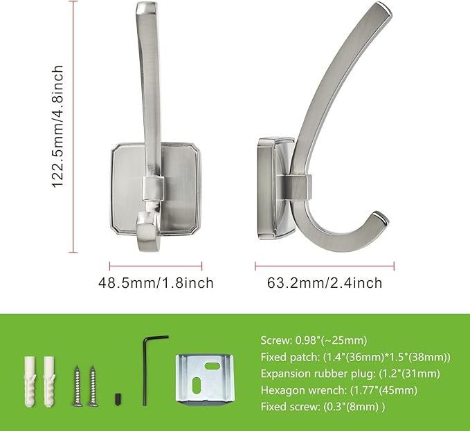 TUNNY Coat Hooks Square Base Wall Hanging - Matte Brushed Nickel Coat Hooks, 5 Pack, for Entry Shoe Cabinet, Wardrobe Bathroom Bedroom Furniture Hardware