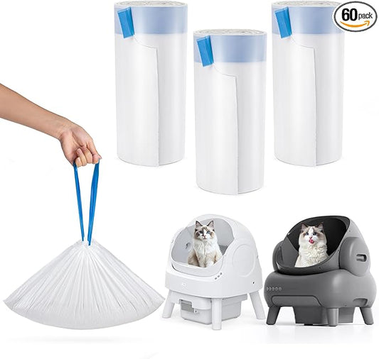 60 Pack Cat Litter Bags Liners for Neakas M1 and Pet Pivot Autoscooper 11 Open-Top Self-Cleaning Cat Litter Box, Heavy Duty 3 Mil Drawstring Leak-Proof Replaced Waste Bags, 27.17" x 13" (60)