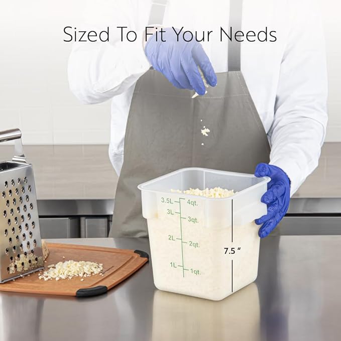 Restaurantware Food Storage Container 1 Pack of 4 qt Plastic Kitchen Storage Bin with Volume Markers Space-Efficient Design Dishwasher-Safe Polypropylene Translucent