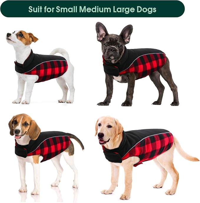 Kuoser Dog Winter Coat, Reversible Waterproof Dog Jacket with Leash Hole, Warm Dogs Fleece Vest Adjustable Doggy Cold Weather Clothes Plaid Christmas Outfit Pet Apparel for Large Dogs, RedBlack L