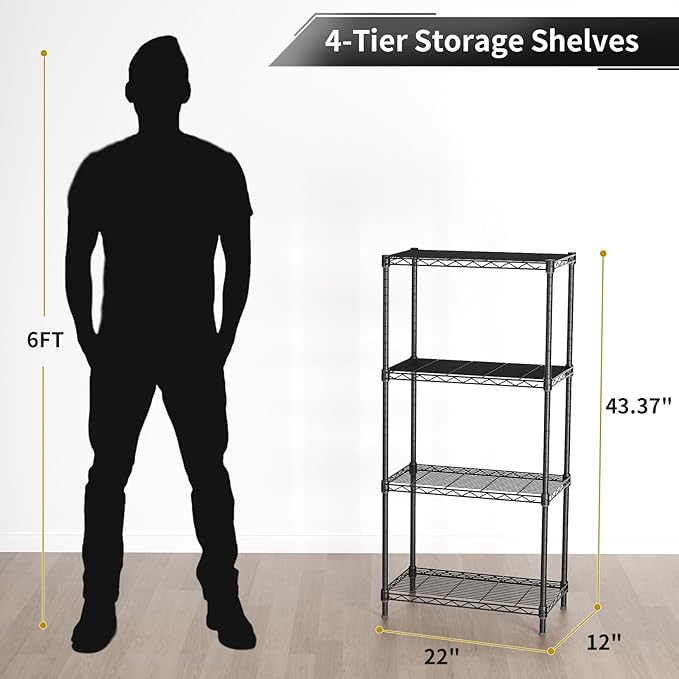 4 Tier Adjustable Storage Shelves,Heavy Duty Metal Utility Shelf 600LBS Capacity,Wire Shelving Unit Organizer Rack for Home Kitchen Office BathroomM Pantry Room 12" D x 22" W x 44" H Black