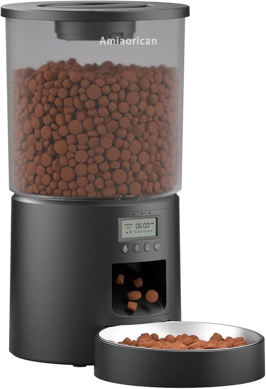 Automatic Cat Feeder 4.2L,6 Meals/Day,Dual Power Portion Control Feeder,Dry Pet Food Auto Dispenser,Timer Setting,10S Voice Record (Transparent Black, Stainless Steel Bowl)