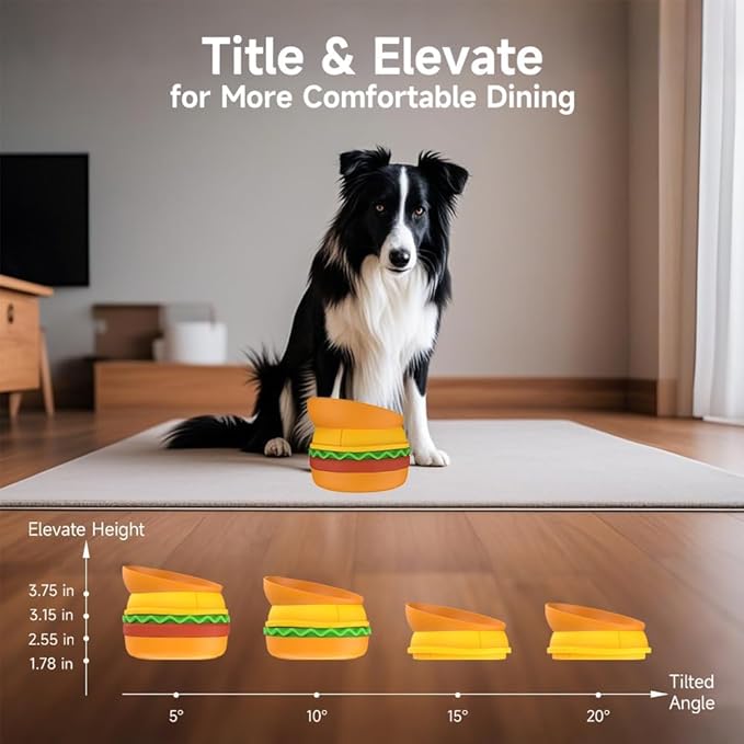 SUBARASHII 5-in-1 Burger Pet Bowls Set - Tilted Bowl, Elevated Bowl, Slow Feeder, Lick Mat, Non-Slip Bowl for Dog & Cat