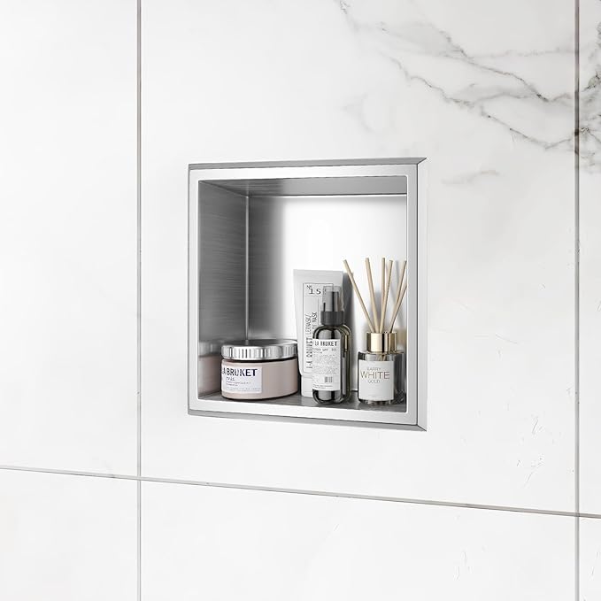 Shower Niche, 12" x 12" Bathroom Niche, Stainless Steel No Tile Needed Brushed Nickel Recessed Shower Shelf, Waterproof Wall Niches for Storage