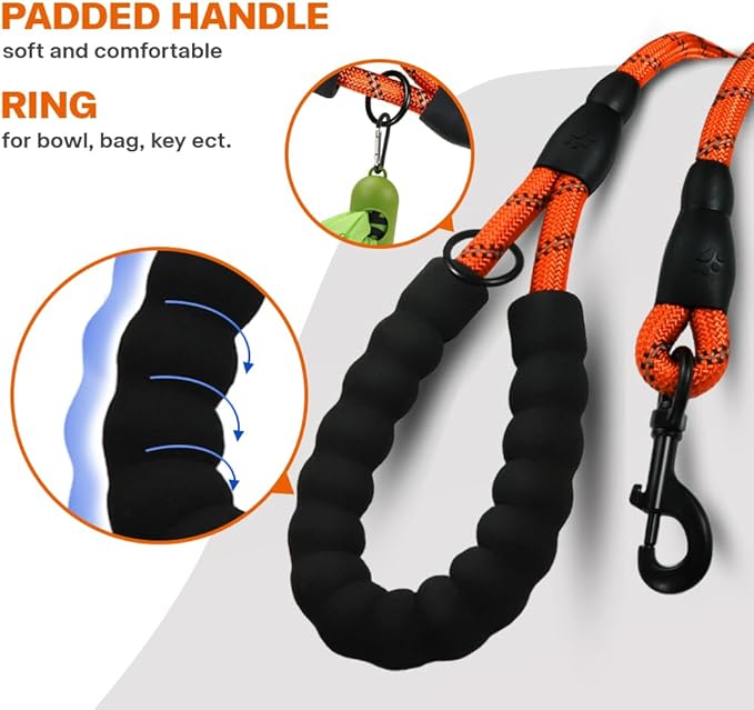 Taglory Rope Dog Leash 5 FT with Comfortable Padded Handle, Highly Reflective Threads Leash for Small Dogs, 3/8 inch, Orange
