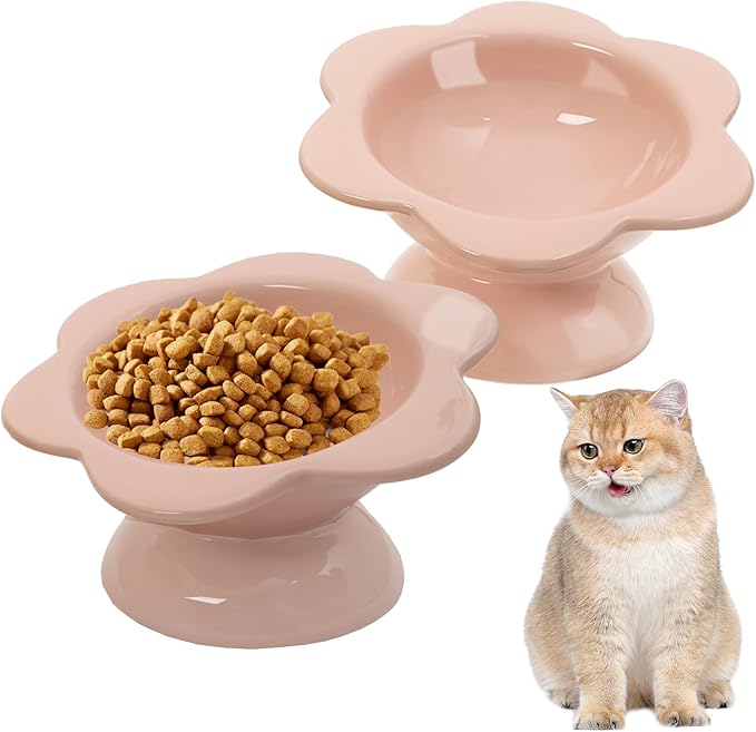2 Pcs Ceramic Raised Cat Bowls Flower 7 oz Tilted Elevated Cat Food Bowl Cat Dishes for Anti Vomiting Protecting Spine Pet Feeder Water Bowl for Cat Kitten (Pink)