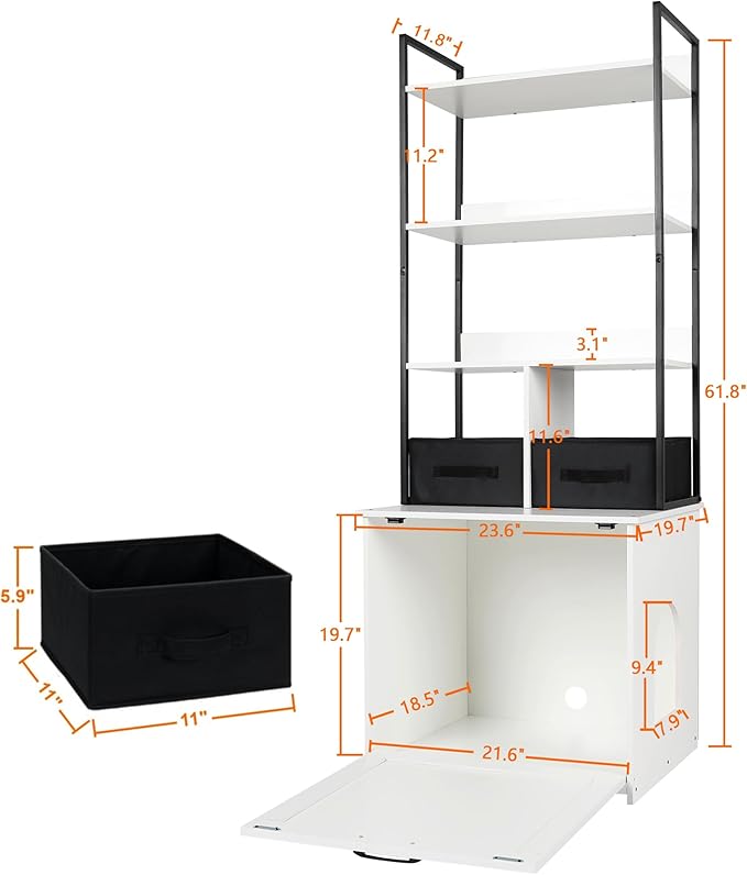 DWANTON Litter Box Enclosure with 3 Storage Shelves and 2 Drawers, 2-in-1 Hidden Cat Litter Box Enclosure Furniture with Shelf, Reversible Entrance, Washable Drawers, 61.8-Inch, White