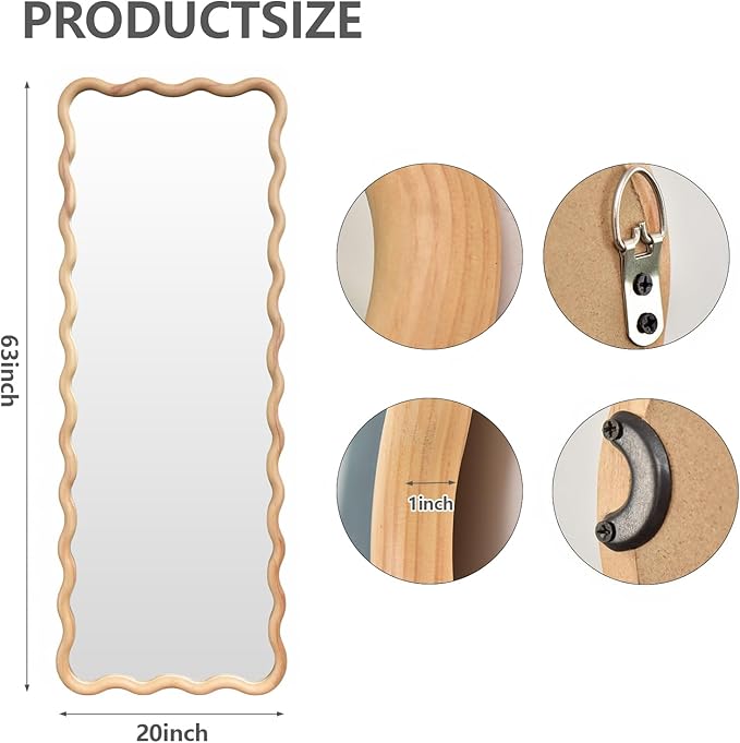 20"x63" Long Irregular Wavy Full Length Wall Mirror, Large Wood Framed Full Body Floor Mirror Leaning Against Wall for Dressing Bedroom Living Room Cloakroom Horizontal or Vertical Hanging Nature