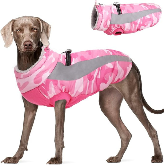 FUAMEY Dog Winter Jackets for Large Dogs,Dog Coat with Harness Built in,Waterproof Dogs Snowsuits Warm Pet Jacket Zip Up Fleece Cold Weather Coats Reflective Puppy Vest with Pocket Blue 3XL