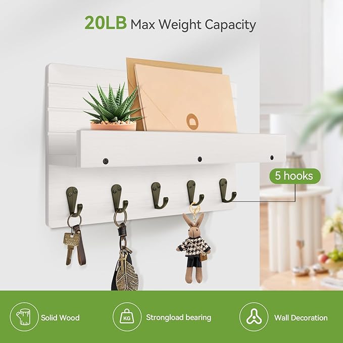Key Holder Wall Mount, Rustic Key Hooks for Wall with Shelf for Mail Organizer, Entryway Decorative Key Rack with 5 Sturdy Hooks for Hanging Keys, Dog Leash, Sunglasses Wooden Key Hanger