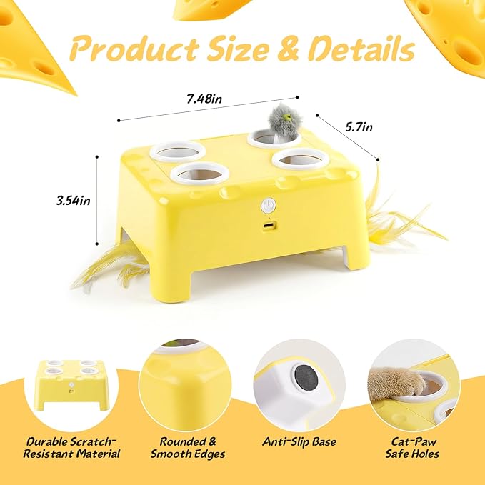 2-in-1 Cheese Box Shaped Interactive Cat Toys for Indoor Cats – 4-Hole Mole & Rotating Feather | USB Rechargeable Electronic Cat Toy for Bored Indoor Adult Cats & Kittens, Cat Whack a Mole Toy, Yellow