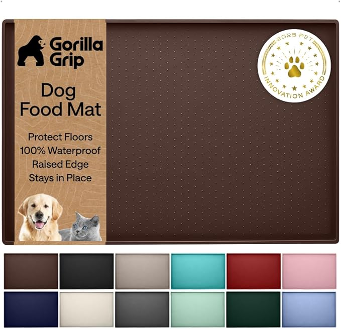 GORILLA GRIP 100% Waterproof Raised Edge BPA Free Silicone Pet Feeding Mat, Dog Cat Food Mats Contain Spills Protects Floors, Placemats for Cats and Dogs Water Bowl, Pets Accessories 23x15 Brown