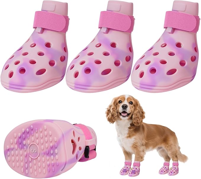 Dog Shoes for Hot Pavement, Adjustable Magic Tape Boots for Small, Medium & Large Dogs, Anti-Slip, Easy to Clean Paw Protectors for Beach, Outdoor & Hot Weather (Pink S)