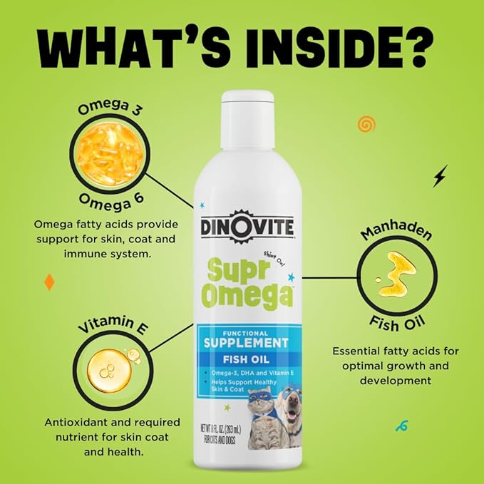 Dinovite SuprOmega Fish Oil for Dogs & Cats - Vitamin E & Omega 3 Meal Topper - Skin & Coat Health for Dogs & Cats - 8 oz
