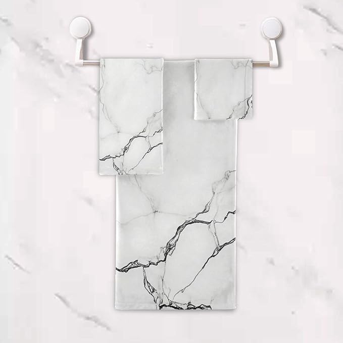 Pfrewn Marble White Towels Set of 3 Marbling Texture Art Bathroom Towel Soft Absorbent Bath Hand Towels Washcloth Guest Towel Sets Bathroom Decorations