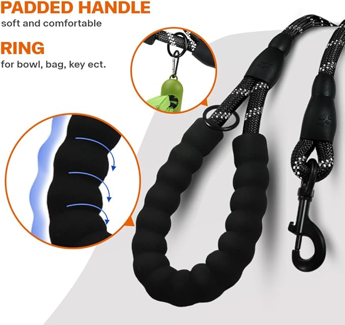 Taglory Rope Dog Leash 6FT with Comfortable Padded Handle, Highly Reflective Threads Leash for Small Dogs, 3/8 inch, Black