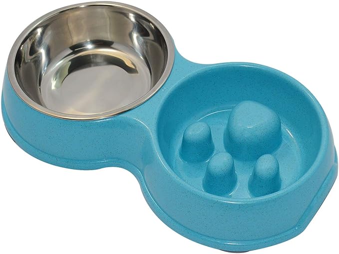 Dog Slow Eating & Drinking Bowl,Stainless Steel Interactive Slow Feed Dog Bowl for French Bulldog,Slow Down Eating Eco-Friendly pet Bowl for Frenchie (Blue)