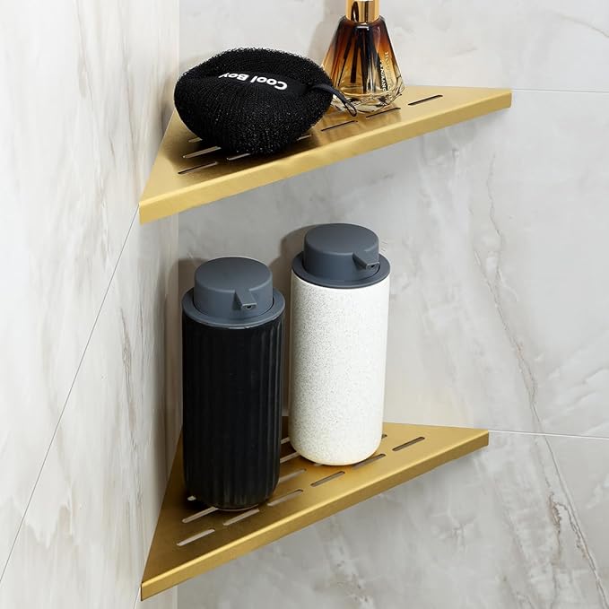 2-Pack 10" Corner Shower Shelf Golden Brushed Wall Mounted No Drilling Bathroom Shelves, Recessed Shower Caddy for Inside Shower, Stainless Steel Triangular Shower Organizer