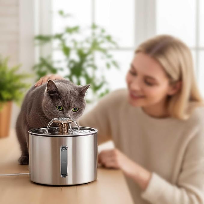 Stainless Steel Cat Water Fountain, 84oz/2.5L Pet Fountain Dog Water Dispenser with Water Level Window for Cats/Dogs Indoor, Flower Style Sprinkler, Silent Automatic USB Wired Dispenser,Filter Sponge