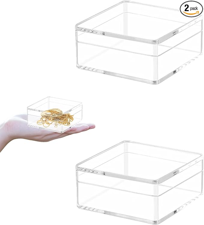 Acrylic Box 2 Packs Clear Display Box Plastic Square Cube Acrylic Storage Containers Wedding Candy Box for Jewelry Collectibles, Minerals,Figurines 4x4x2.4Inch/100x100x60mm