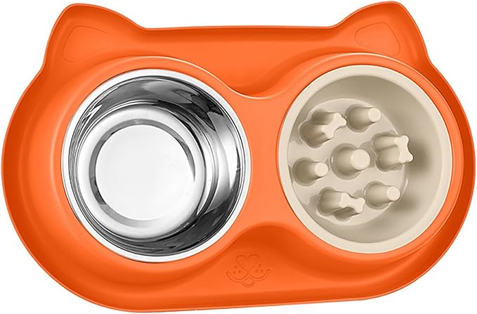 Slow Feeder Dog & Cat Bowls - 3-in-1 Slow Feeding & Water Bowl | Non-Slip Mat & Stainless Steel Bowls | Final Loss Leader Sale | Limited Stock While Supplies Last.(Orange).