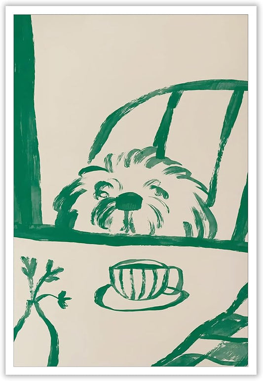 Funny Sneaky Dog Poster Abstract Coffee Breakfast Canvas Wall Art Modern Minimalist Animal Sketch Artwork Prints Painting For Living Room Kitchen Dining Room Wall Decor 8x12in Unframed