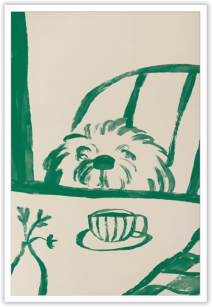 Funny Sneaky Dog Poster Abstract Coffee Breakfast Canvas Wall Art Modern Minimalist Animal Sketch Artwork Prints Painting For Living Room Kitchen Dining Room Wall Decor 12x16in Unframed