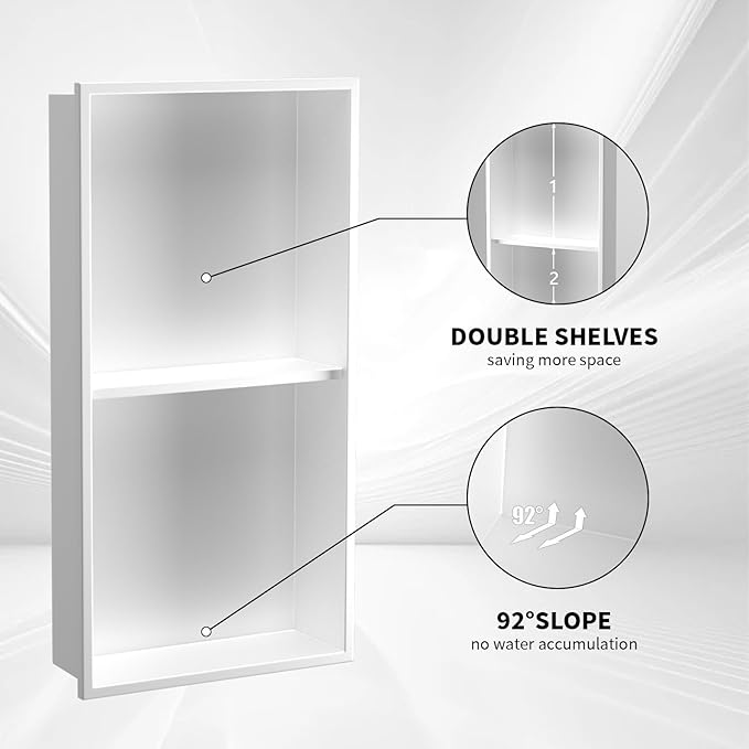 Homevacious 12"×24" Stainless Steel Shower Niche No Tile Needed White Double Shelves Bathroom Shelf Rimless Recessed Wall Niche for Bathroom Storage