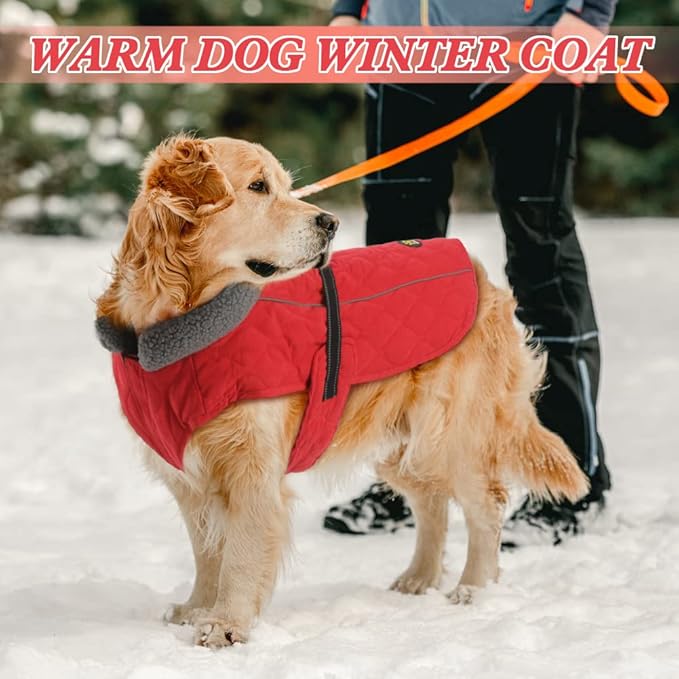 Dog Jackets, Furry Collar Winter Coats for Dogs with Fleece Lining, Water Resistant Reflective Winter Dog Jackets, Adjustable Warm Windproof Pet Coats for Large Dogs, Red L