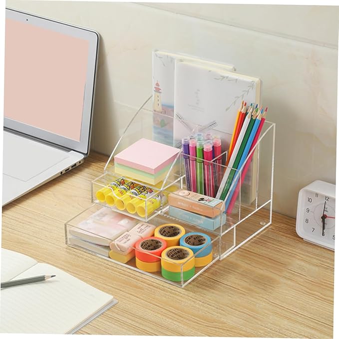 PRETYZOOM Acrylic Makeup Organizer Storage Box Desktop Stationery Organizer Multi-compartment Lipstick Drawer for Home Office