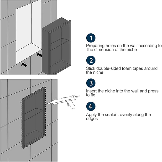 Shower Niche, 12" x 24" Black Stainless Steel Niches No Tile Needed, Two-Tier Wall Niches, Recessed Shower Shelf, Bathroom Niche for Storage