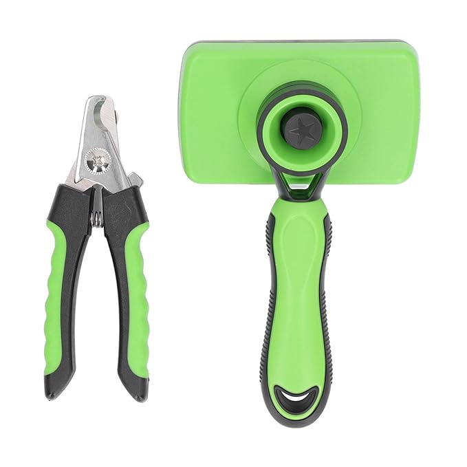 Pet Grooming Brush and Nail Clippers Kit, Stainless Steel, Self Cleaning Set for Dogs and Cats - Easy Use, Ergonomic Design, Massaging for Shedding Control