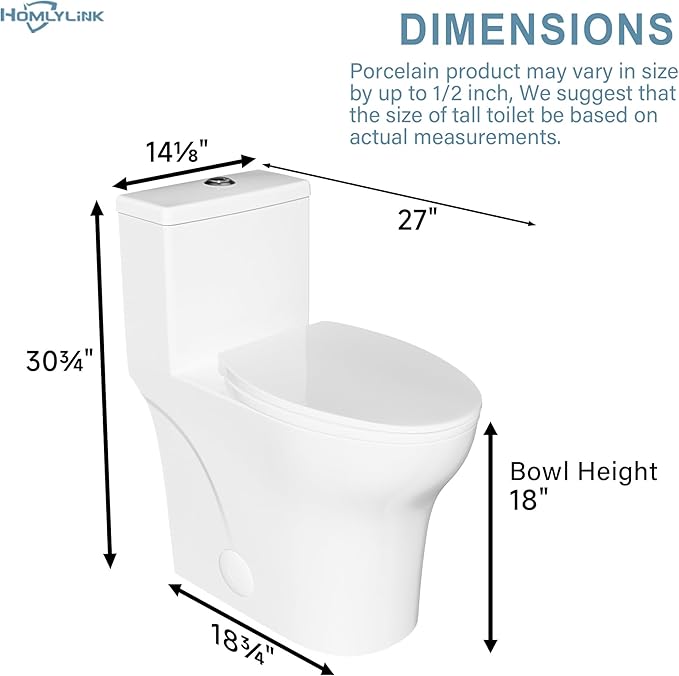 19 Inch Elongated Modern Tall Toilet for Seniors, Tornado Flush One Piece ADA High Skirted Toilet for Bathroom, Dual Flush 1.0/1.28 GPF, Comfort Bowl Heigh 18 Inch,12" Rough-in, White