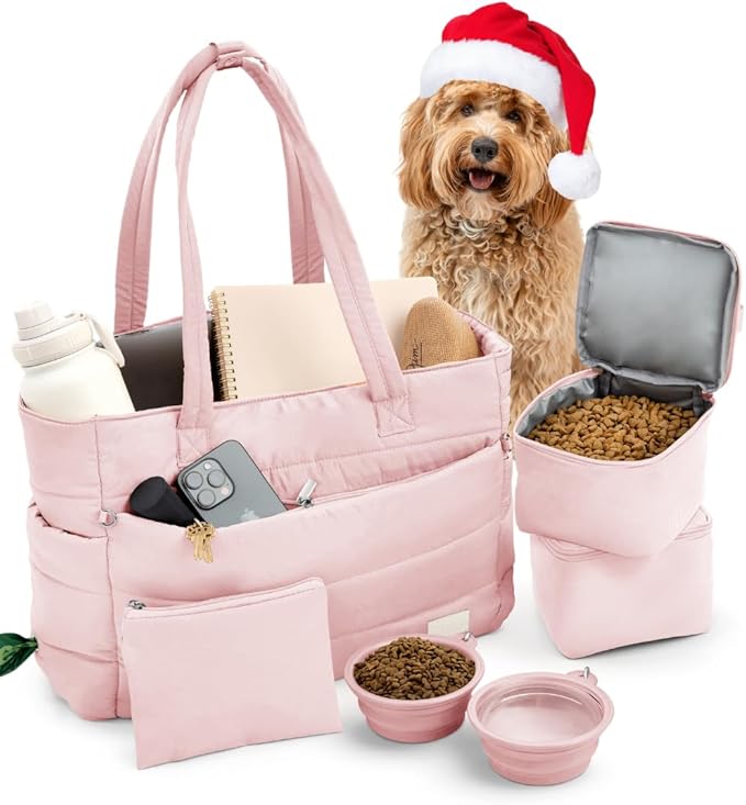 Puffer Dog Travel Bag for Dog Moms – Doggy Diaper Bag with Pet Bowls & Food Storage or Everyday Puffy Tote – Christmas Doggy Mom Gifts for Women – Lightweight, Travel-Ready Gift for Pet Lovers - Pink
